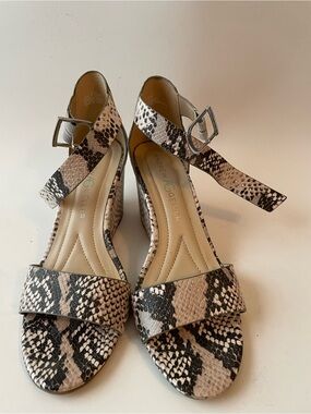 Andrew Geller Snake-Print Ankle Strap Wedge Heels in Beige and Black